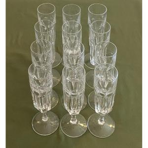 12 20th Century Crystal Champagne Flutes With Cut Sides