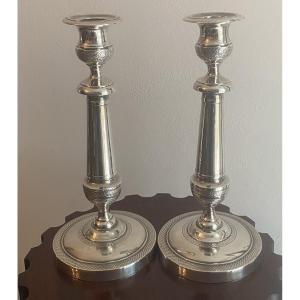 Pair Of Empire Period Candlesticks In Silvered And Chased Bronze, 19th Century