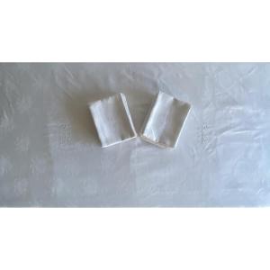 Tablecloth And 12 Matching Damask Linen Napkins – Monogram Hl – 19th Century