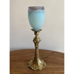 Art Nouveau Table Lamp In Bronze And Pâte De Verre Tulip Shade, 20th Century