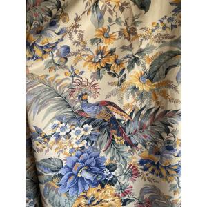 4 Pairs Of Antique Curtains Decorated With Birds And Large Flowers 