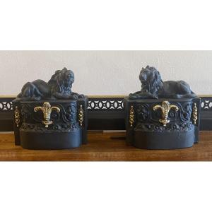 19th Century Cast Iron And Brass Fireplace Or Hearth Bar With Lions And Fleur-de-lis