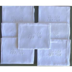 7 Antique Damask Linen Napkins – Monogrammed Ac – Art Nouveau