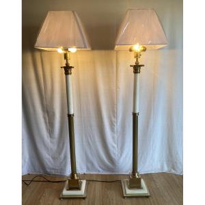 Pair Of Large 20th-century Marble And Bronze Floor Lamps