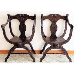  Carved Chinese Curule Armchairs In Rosewood XIXth Century