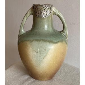 Blache Jaspé Stoneware Vase Set With A Floral Mount In Silvered Metal XX ème