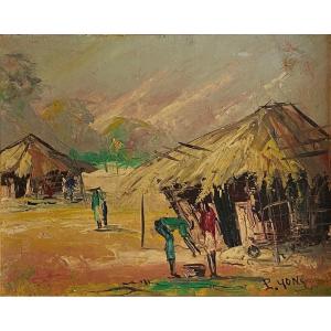 Table Oil On Hardboard Scene Of African Life Twentieth