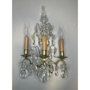 Large 19th Century Wall Lamp, Bronze And Crystal Pendant
