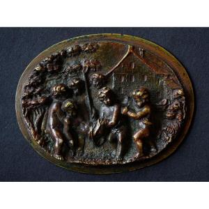 Bronze Plaque Putti Bacchanal Scene