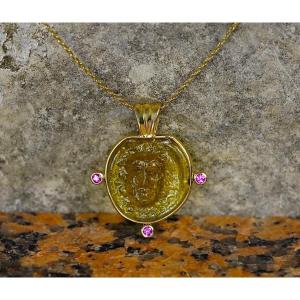 Gold Pendant With Roman Glass Cameo : Gorgoneion (gorgon - Medusa)