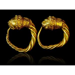 Pair Of Ancient Greek Gold Earrings With Lion Protome Decoration. 