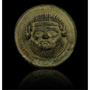 Ancient Rome: Roman Bronze Medallion Applique: Head Of Silenus.