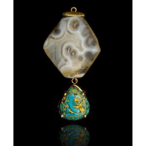 Pendant With Neolithic Bead And Engraved Turquoise. 