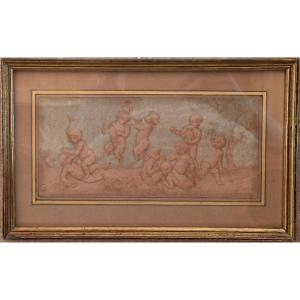 Red Chalk Drawing: Bacchanal Of Putti (angels - Cherubs - Erotes)