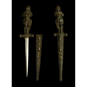 Romantic Bronze Dagger With A Knight-decorated Sheath 