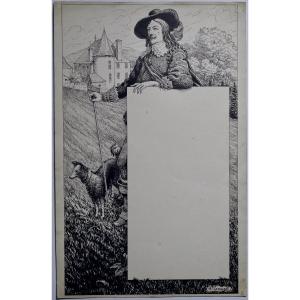 Original Ink Drawing Signed A. Camuset: 17th-century Gentleman With His Dog