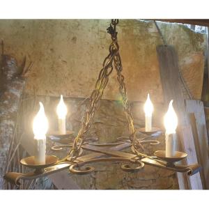 Wrought Iron Pendant Light With 4 Lights - Medieval Style