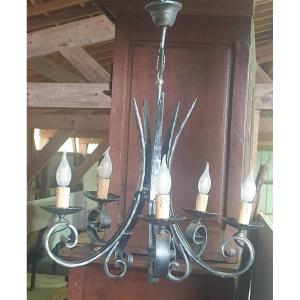 Wrought Iron Chandelier 5 Lamps - 20th Century