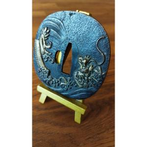Old Tsuba With A Water Dragon In Shakudo Decor. 