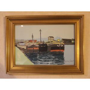 Lithographie Les Péniches à Strasbourg De Jacques Cabut