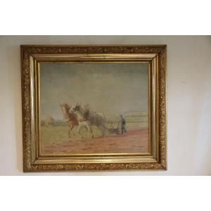 Oil On Canvas "plowing Scene" J. Comerre