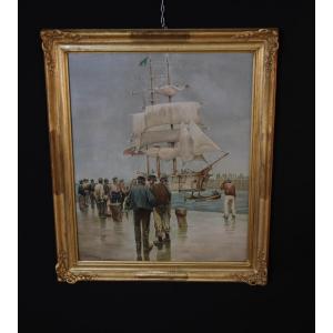 Oil On Panel "arrival At The Port"