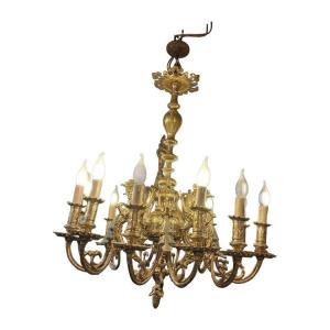 19th Century Solid Brass Chandelier With Chimera Decoration 