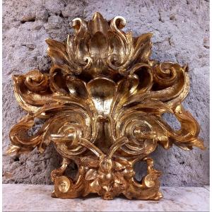 Large Monumental Baroque Ornament In Carved Wood Gilded With Leaf