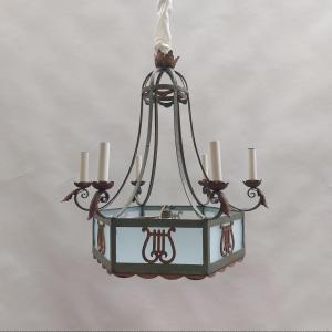 Wrought Iron Chandelier With Lyre Decor, Early 20th