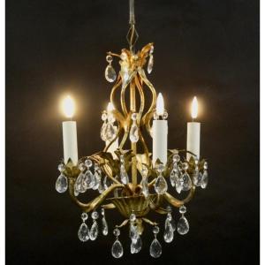 Wrought Iron Chandelier, Gilded Sheet Metal, Italy Ca. 1960