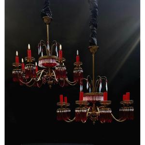 Pair Of Chandeliers, 1950s Pink Opaline And Red Crystal, France