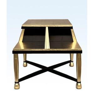 Important Art Deco Pedestal Table In Golden Wood And Black Lacquer