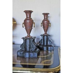 Antique Vases In Cherry Marble And Black Marble, Grand Tour, XIXth