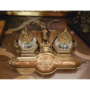 Bronze And Crystal Inkwell "au Diable" Signed Leblanc Successor Of F. Barbedienne