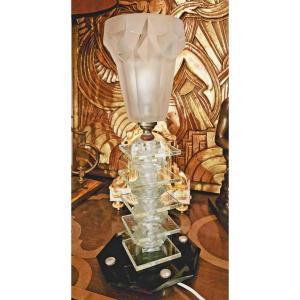 Art Deco Dlg Adnet Or Desny Lamp In Cut Glass And Opaline