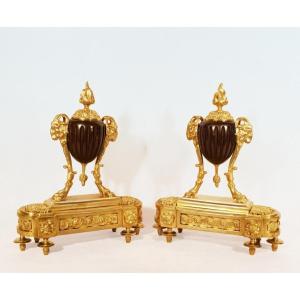 Beurdeley Attr. Andirons With Rams Gilded And Patinated Bronze 19th Century