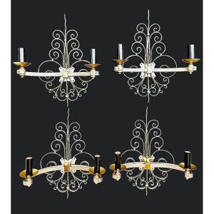 Set Of Four Gilt Brass Wall Sconces Circa 1940
