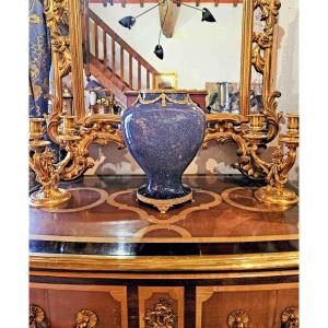 Large Vase In Speckled Blue Earthenware And Gilt Bronze, Late 19th Century