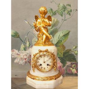Putto Musician Clock In Gilt Bronze And White Onyx