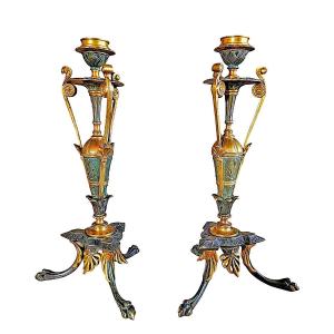 Pair Of Etruscan Tripod Candlesticks In Gilt And Patinated Bronze