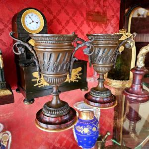Pair Of Small Vases In Patinated And Gilded Bronze 