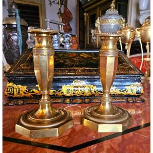 Pair Of Small Bronze "gossip" Candlesticks From The Empire Period 
