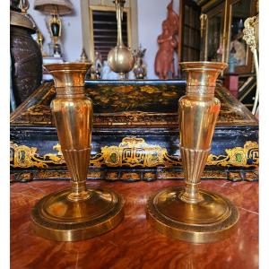 Pair Of Small Bronze "gossip" Candlesticks From The Empire Period
