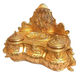 Louis XIV Inkwell Signed Lerolle Frères Paris (1836-1863) Gilt Bronze