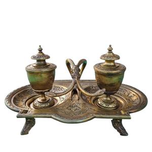 19th Century Persian Style Patinated Bronze Inkwell