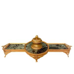 Green Marble And Brass Inkwell