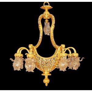 Important 19th Century Chandelier In Gilded Bronze And Crystal, 13 Lights