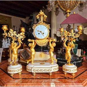 Clock And Censolettes With Putti, Marble And Gilt Bronze, 19th Century 