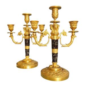 Pair Of Empire Style Gilt Bronze And Marble Candelabra, 19th Century 