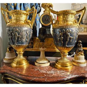 Auguste Delafontaine Large Antique-style Vases With Bronze Swans